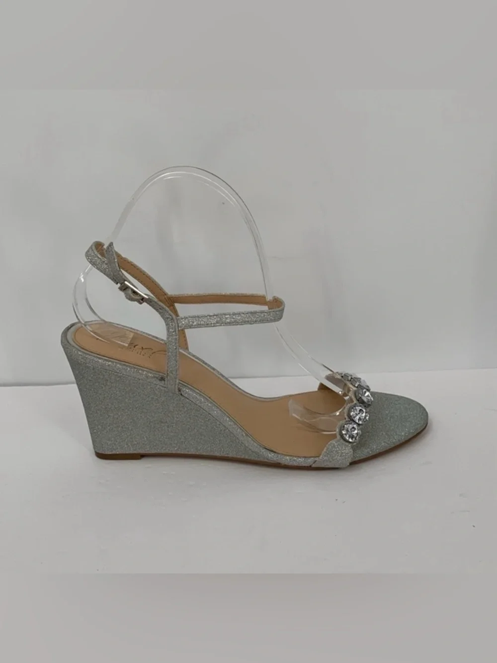 Jewel Badgley Mischka wedge shoe silver metallic glitter clear crystal sandal 11